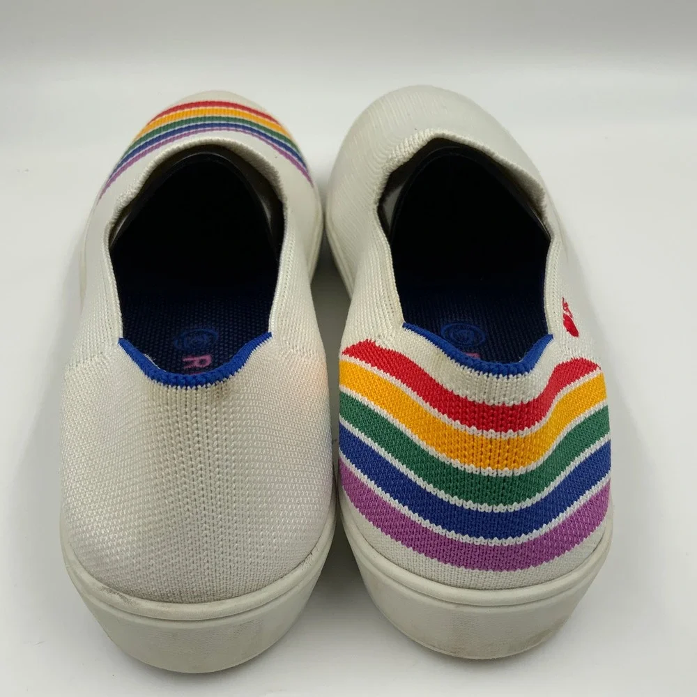Rothys The Sneaker White Rainbow Stripe Heart SF Slip On Shoes Womens 8
